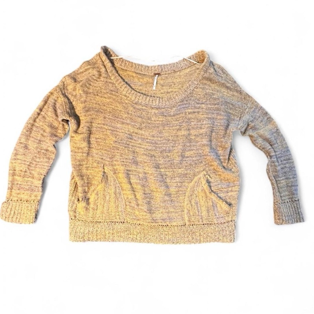 Free People Natural In My Pocket Yellow Gray Oversized Knit Sweater Cotton Large